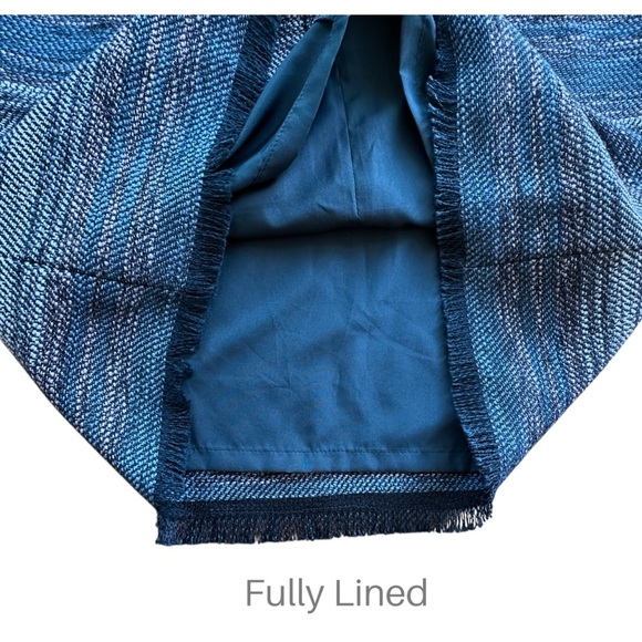 LOFT | NWOT BLUE TWEED FRINGE HEM MINI SKIRT EXPOSED ZIPPER POCKETS | SIZE 0 - Picture 8 of 10
